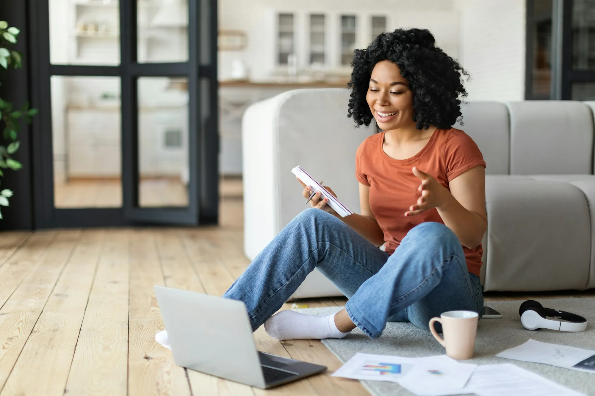 Online Meeting. Smiling Black Woman Making Video Call With Laptop At Home